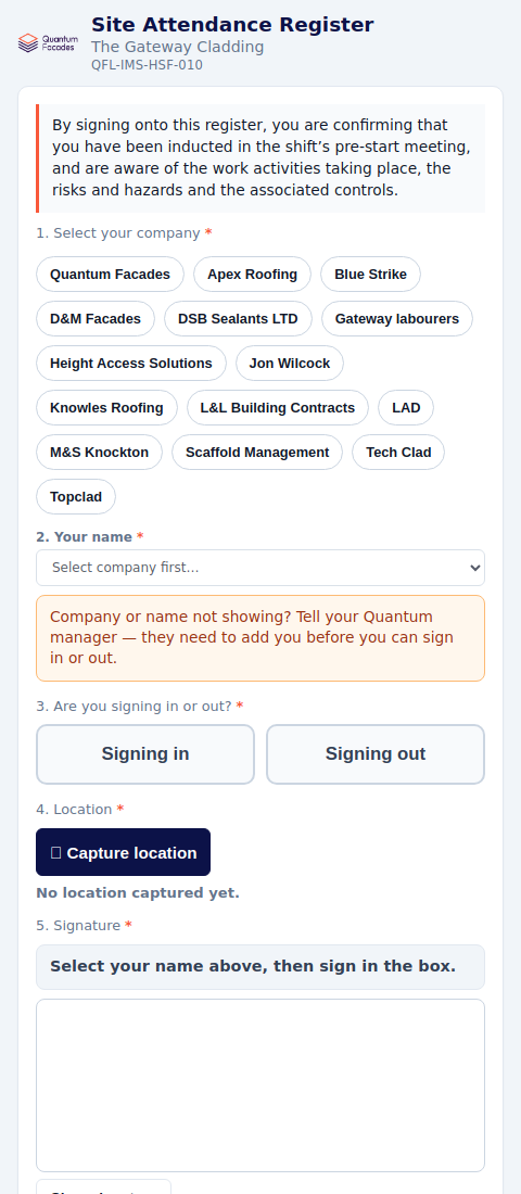 Phone attendance form with company buttons, a name list, signing in or out, location and a signature box