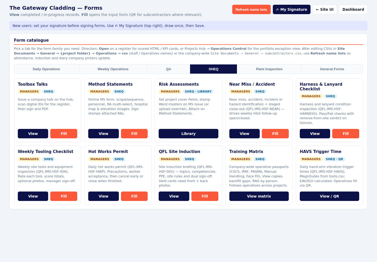 SHEQ tab listing toolbox talks, method statements, risk assessments, incidents, harness, tooling, hot works, induction, training and HAVS